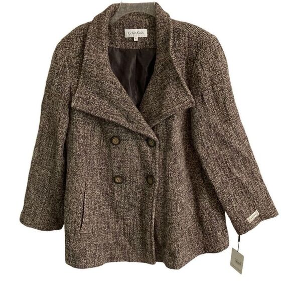 Calvin Klein Wool Blend Double Breasted Pea Coat Size 1X Brown Woven Tweed Lined - Picture 1 of 12